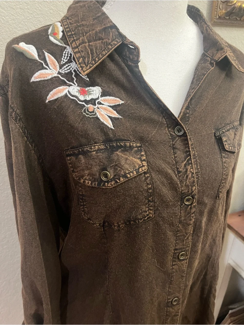 Emma G brown, long-sleeve embroidered button-down utility tunic shirt